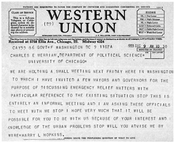 Harry L. Hopkins to Charles E. Merriam, telegram, December 9, 1933