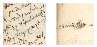 Two images showing the mystery script. One illustrates how French and shorthand notations are mixed together in the annotations, the other shows the date of April 25, 1854 written in French in the margin.