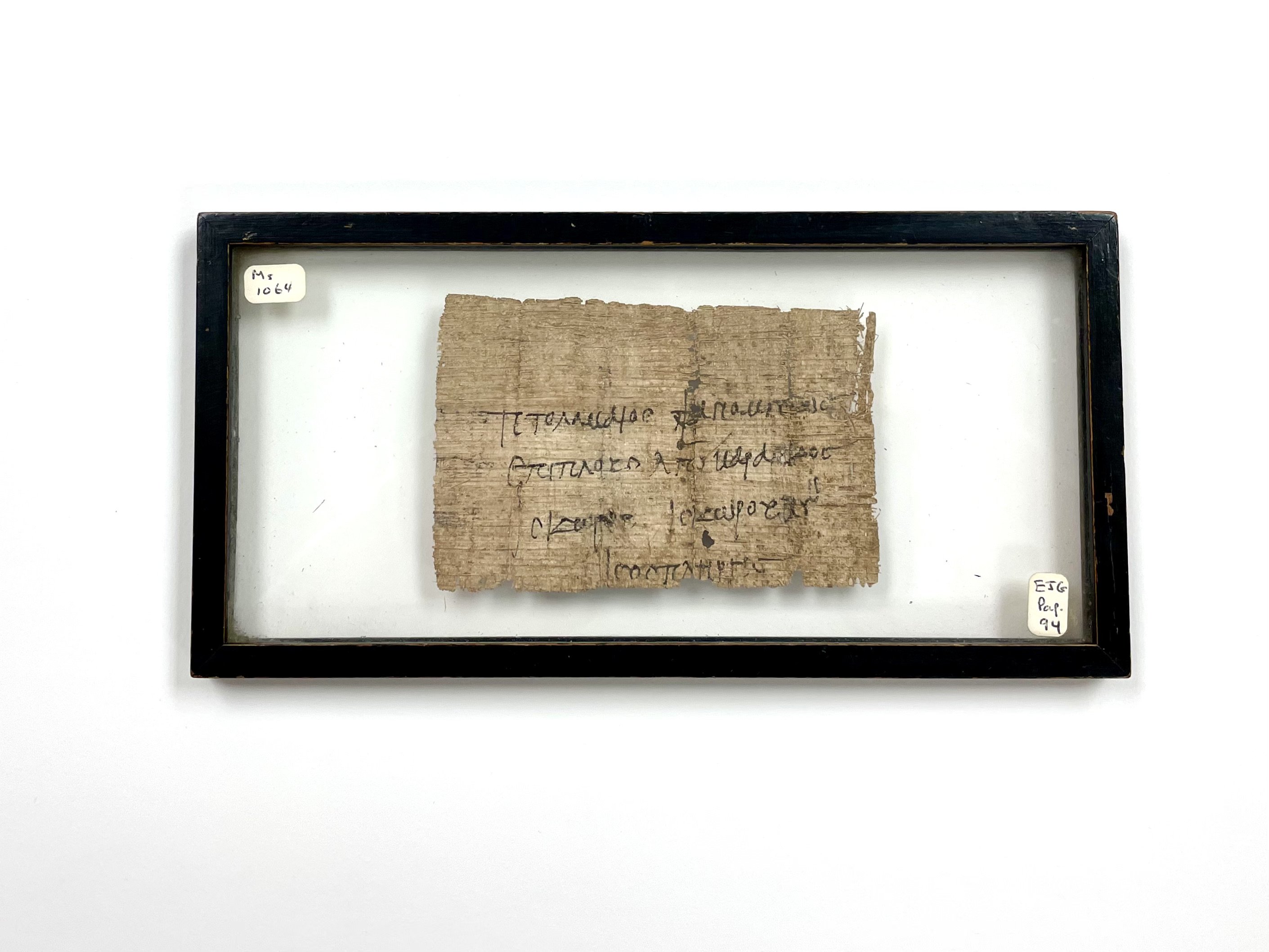 A framed papyrus fragment.