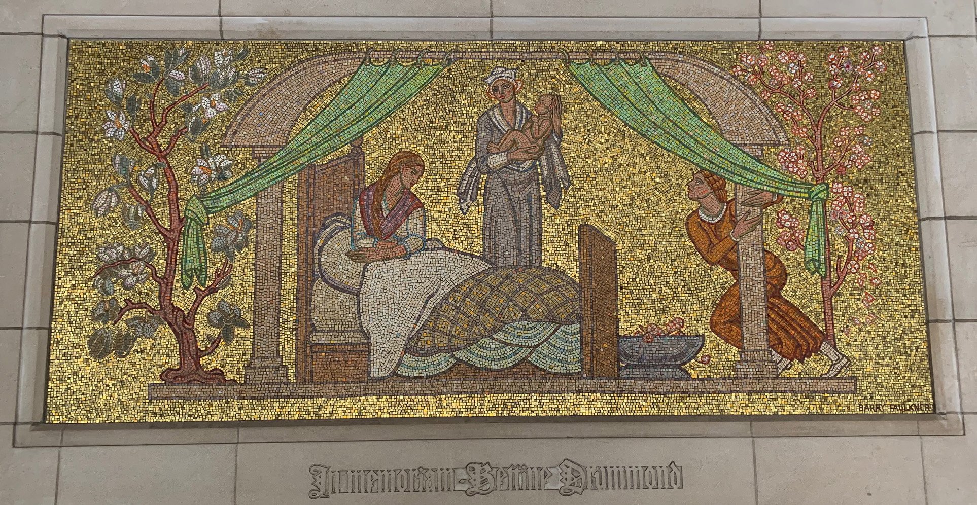 photo of mosaic of woman with baby in bed