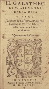 A book cover in Italian, with an engraving of an ornate coat of arms.