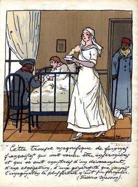 A hospital sick ward, with a nurse bringing a wounded soldier soup.