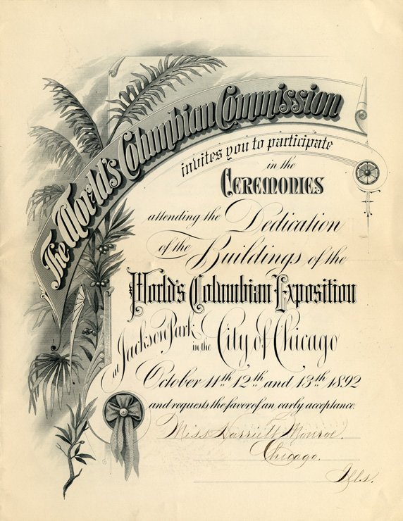 Invitation to the building dedication ceremonies for the 1893 World's Fair