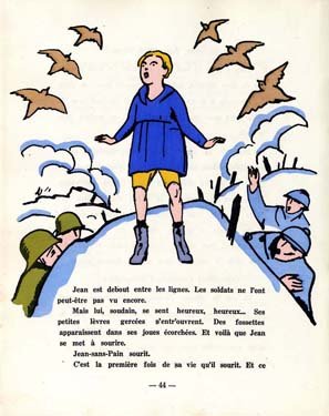 A boy stands between two armies, birds flying above him.