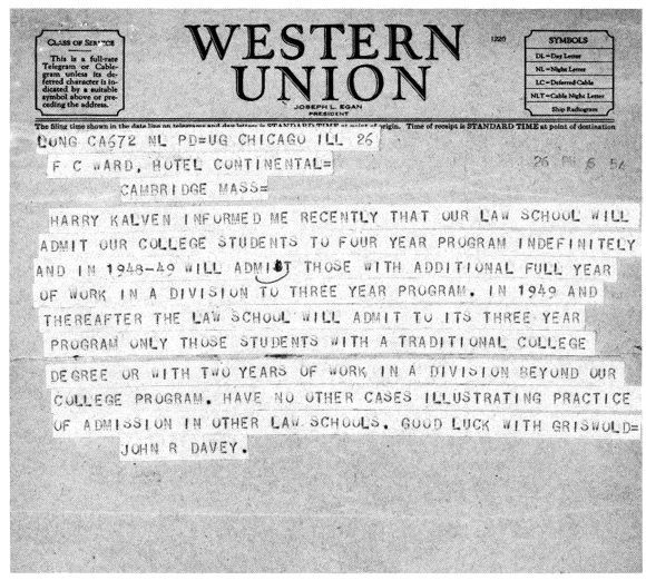 John R. Davey to F. Champion Ward, telegram, June 26, 1954