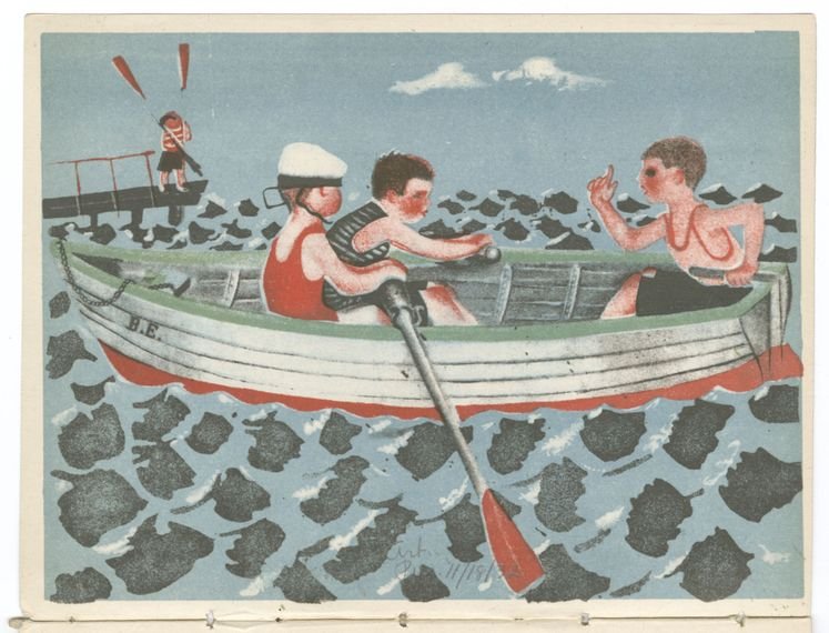 Children row a boat.