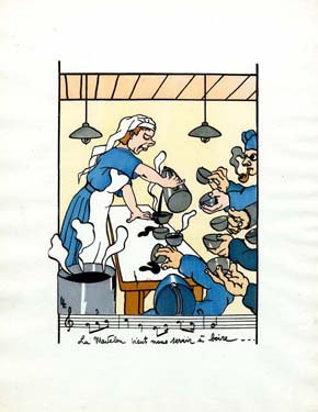 A cook serves a hungry crowd of soldiers.