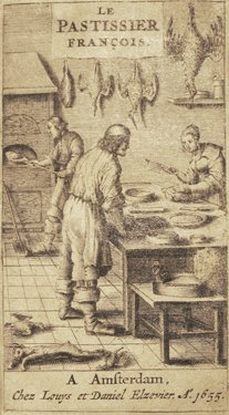 A book cover with the engraving of several men and women in a kitchen making bread and other dishes.