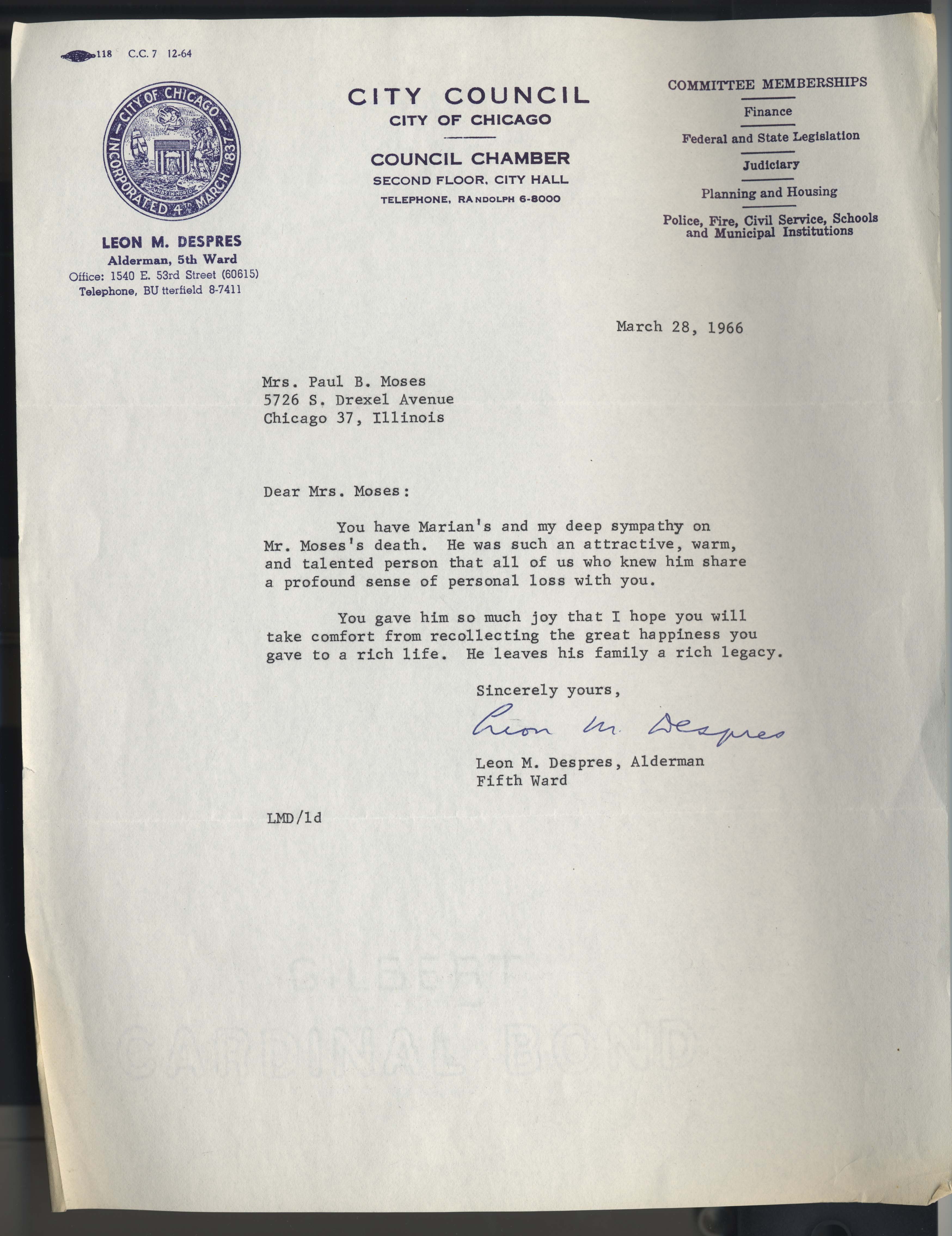 Condolence letter from Leon Despres to Alice Moses, 1966