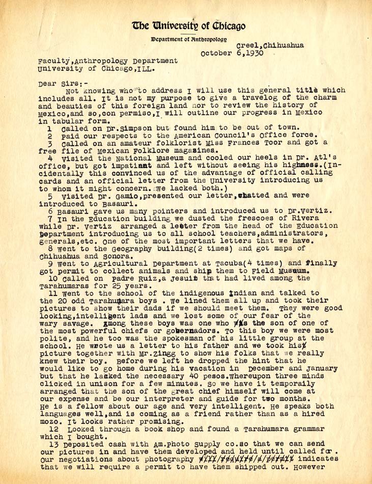Typed letter on The University of Chicago Anthropology Department letterhead.