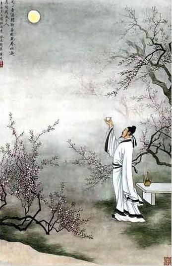 A man in a black cap and white robe holds a cup to the full moon, surrounded by trees with delicate pink flowers.
