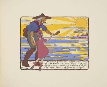 An old farmer and a young girl stare across a sea into the blazing sunset.