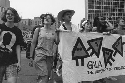 Photograph from Chicago Pride Parade, 1991. Chicago Maroon, June 1991. University of Chicago Photographic Archive, apf7-03416-001, Special Collections Research Center, The University of Chicago Library. Used with permission of the Chicago Maroon.