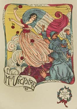A beautiful long woman caped in the French flag leads joyous soldiers.