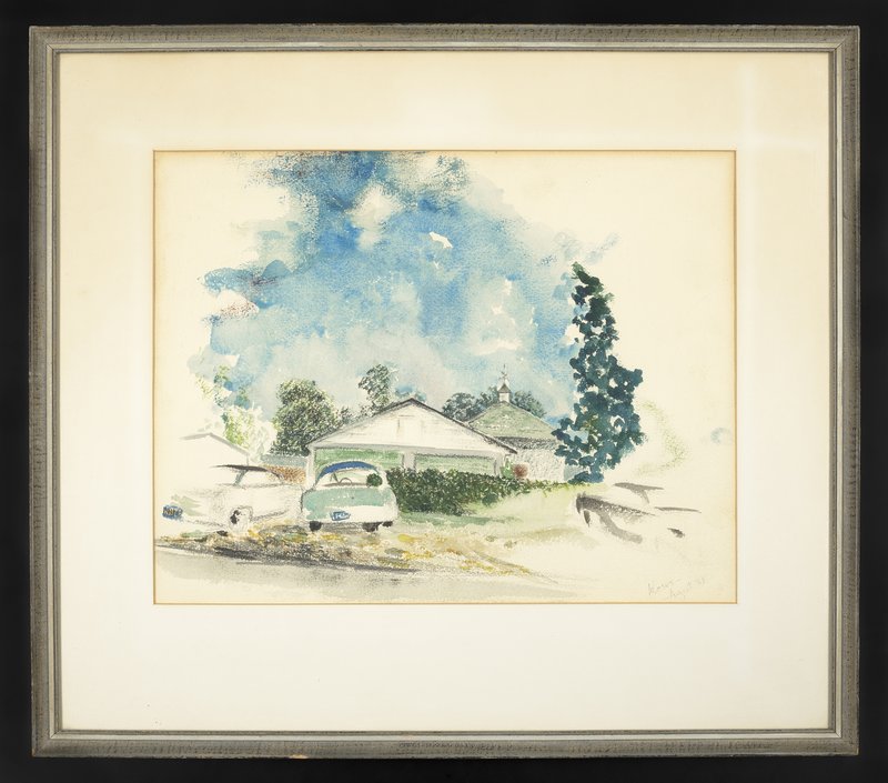 Watercolor of cars, garage, and tree