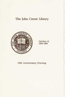 A paper with a fancy seal and the words "The John Crerar Library - 75th Anniversary Evening."
