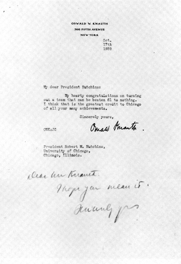 Oswald W. Knauth to Robert M. Hutchins, October 17, 1939, with handwritten reply by Hutchins