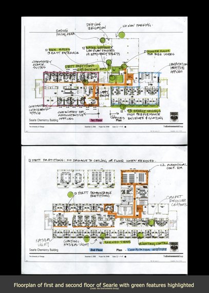 A floorplan with, detailing rooms and halls, with several highlighted in green.
