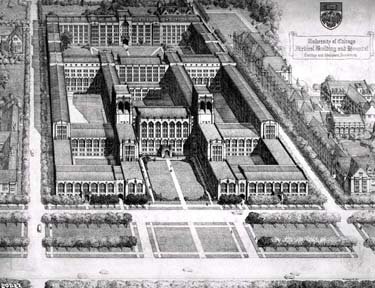 A drawing of a large symmetric building with four courtyards.
