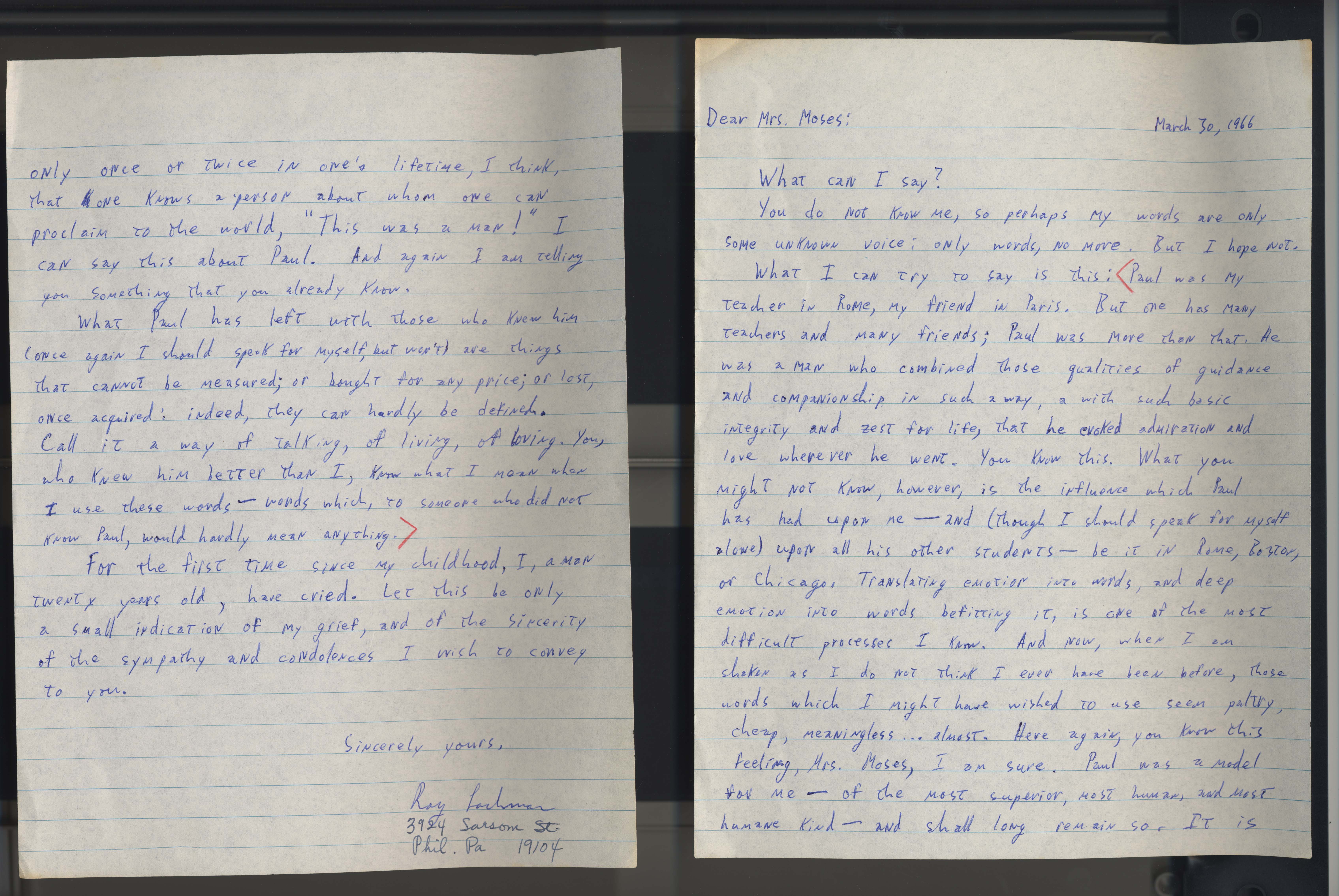 Condolence letter from Ray Lachman to Alice Moses, 1966