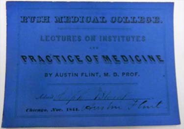 A blue ticket admitting one student to "Lectures on Institutes and Practice of Medicine, by Austin Flint, M.D. Prof."