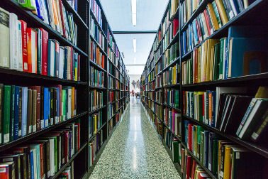 Looking down a row of bookshelves