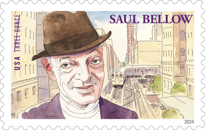 Stamp with drawing of Saul Bellow in front Chicago buildings and El