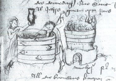 A rough sketch of two figures stirring a large vat.
