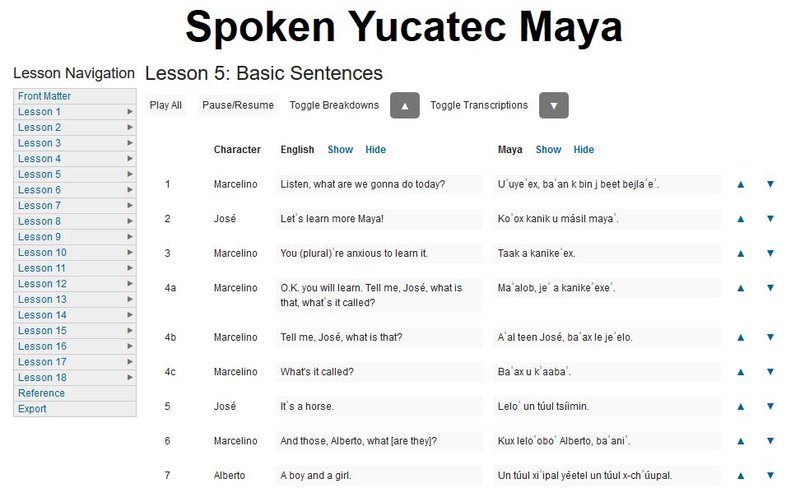Screenshot of lesson on basic sentences in "Spoken Yucatec Maya"