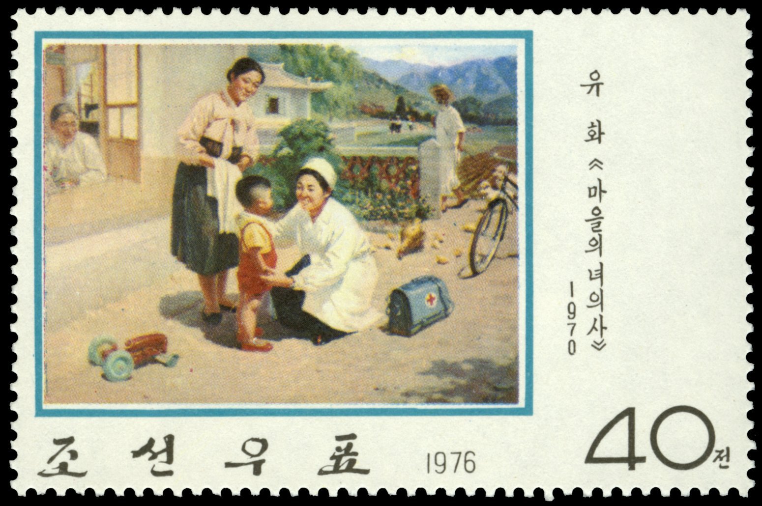 A white-suited nurses kneels to talk with a small boy as the boy's mother looks on. In the background are a lake and mountains.