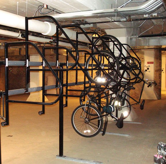 Bike racks in the basement of a building.