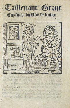 An old printed page with an engraving of two men talking, one with a basket of bread.