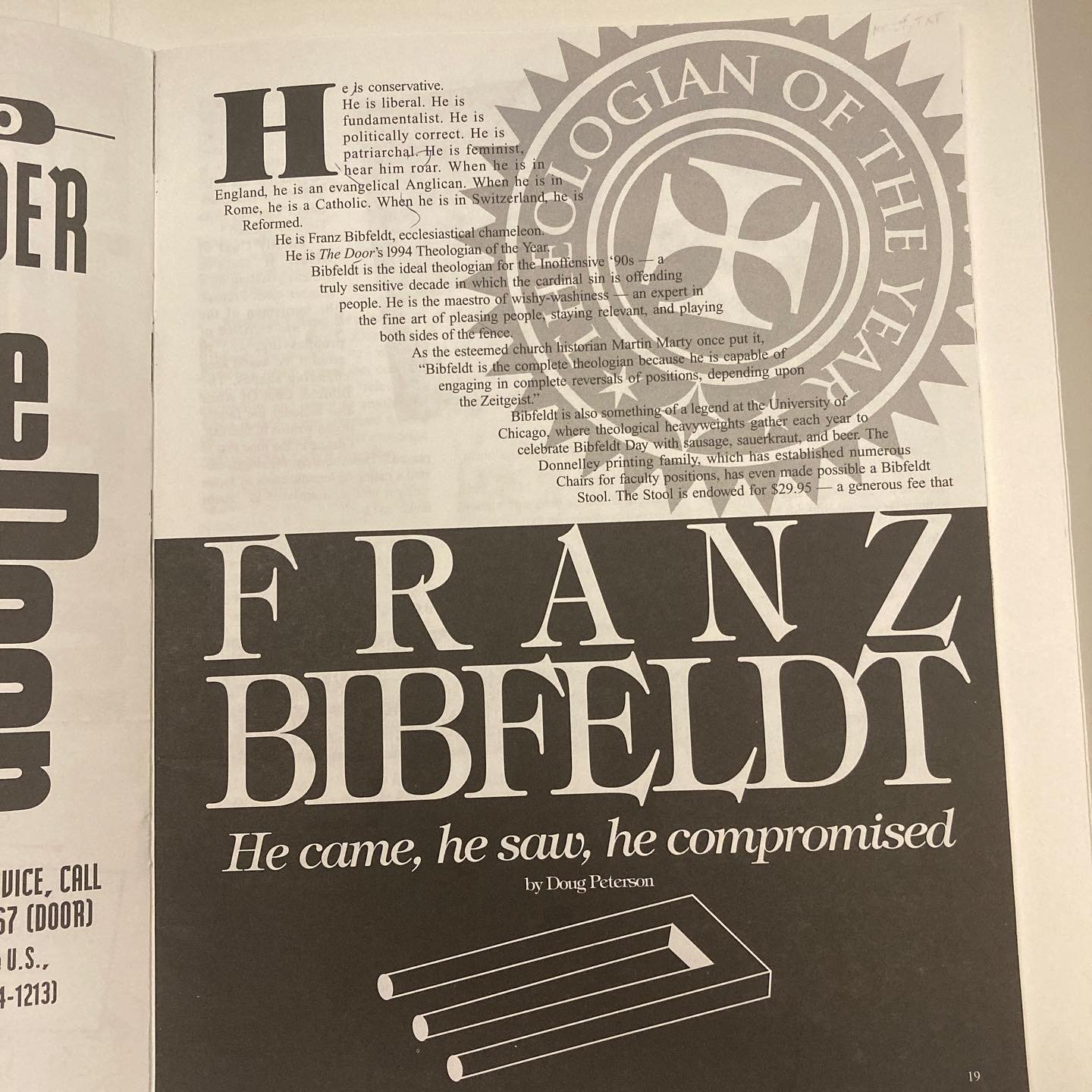 first page of article from The Door entitled Franz Bibfeldt: He came, he saw, He compromised