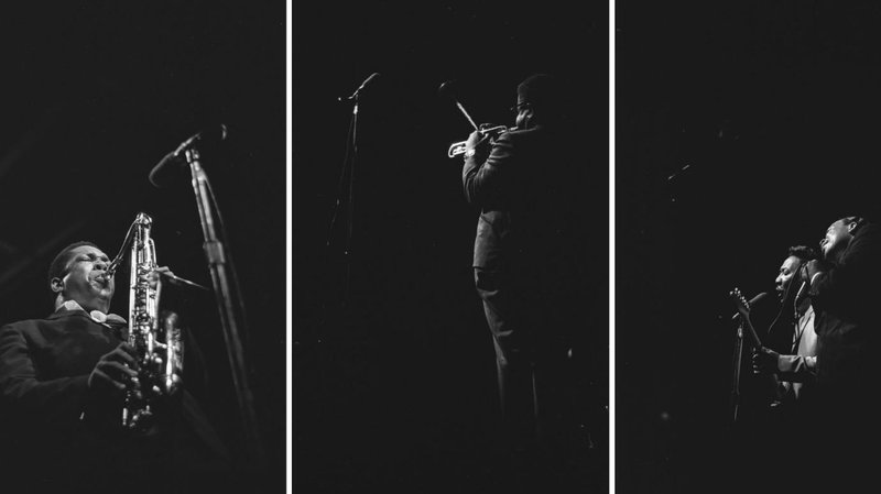 Black and white photos of John Coltrane playing the saxophone, Dizzy Gillespie playing the trumpet, and Muddy Waters and James Cotton performingperforme.