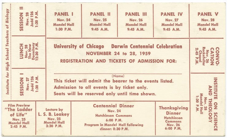 An old-fashioned ticket, listing panels, performances, and dinners.