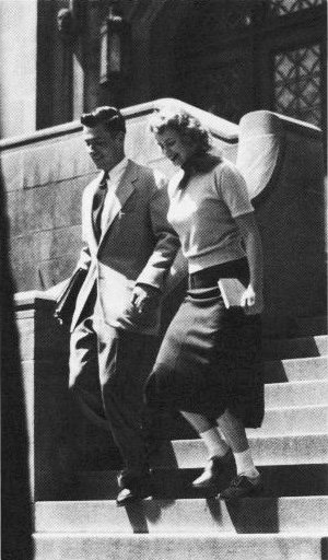 Two students leaving Jones Laboratory