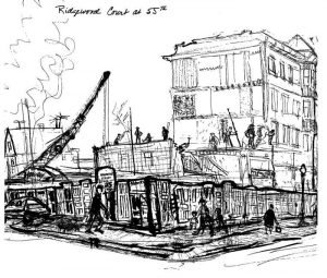 Sketch of building demolition and construction at Ridgewood Court on 55th