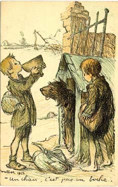 In a ravaged, dreary landscape, two boys stand next to a dog; one drinks water.
