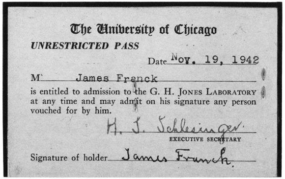 University of Chicago, security pass, November 19, 1942