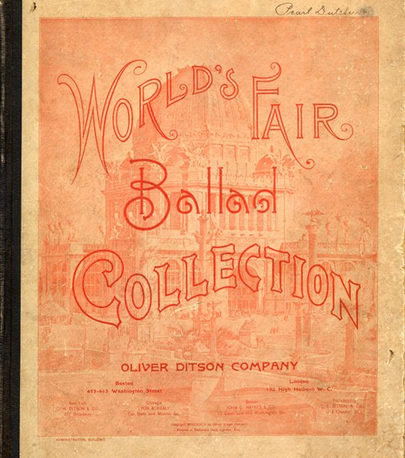 Cover for sheet music with and image of one of the fair buildings in the background
