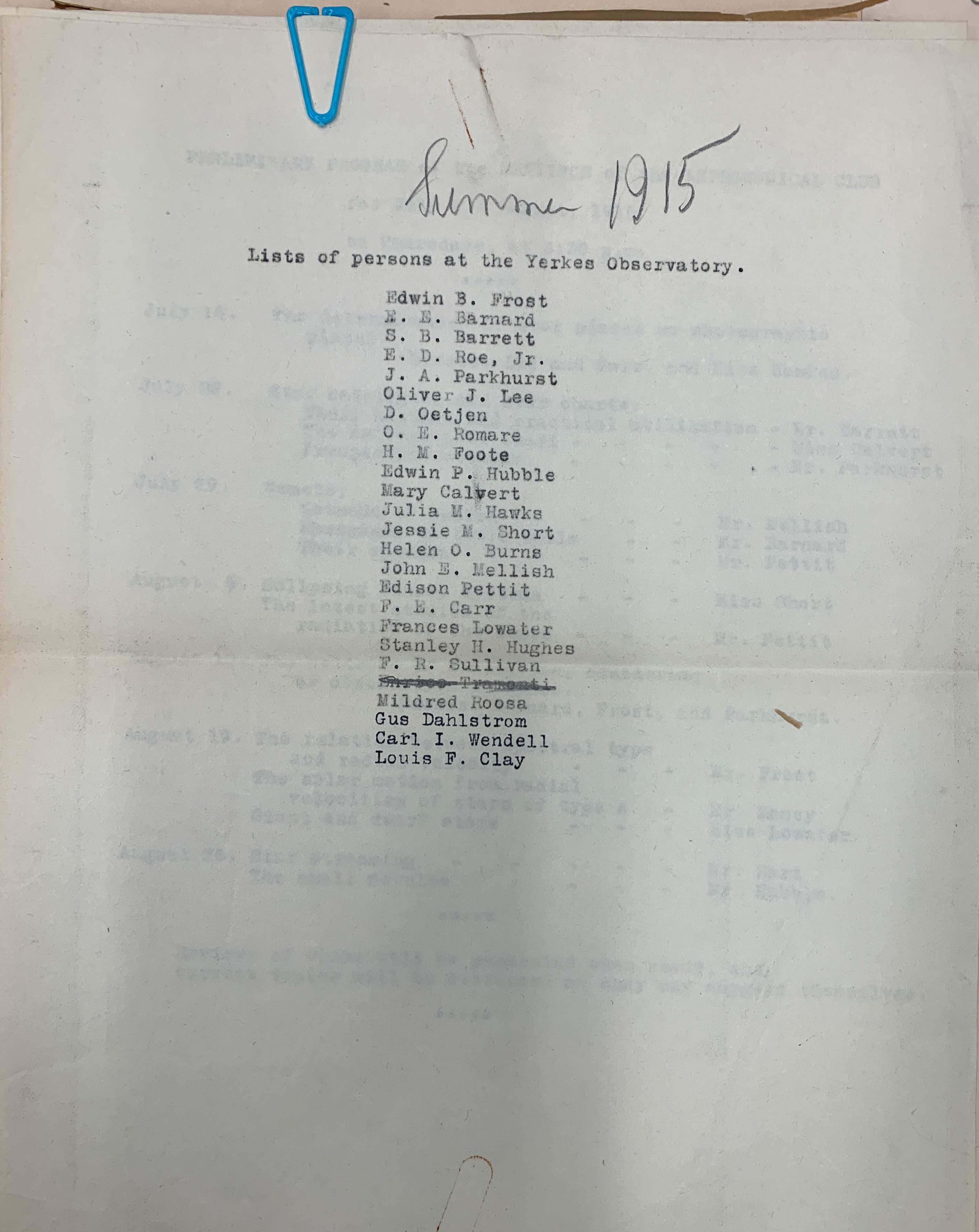 List of names typed on copy paper, "summer 1915" written in pencil at the top.