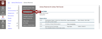 Screenshot of Library Reserves software main menu highlighting the "Add Reserve Items" link