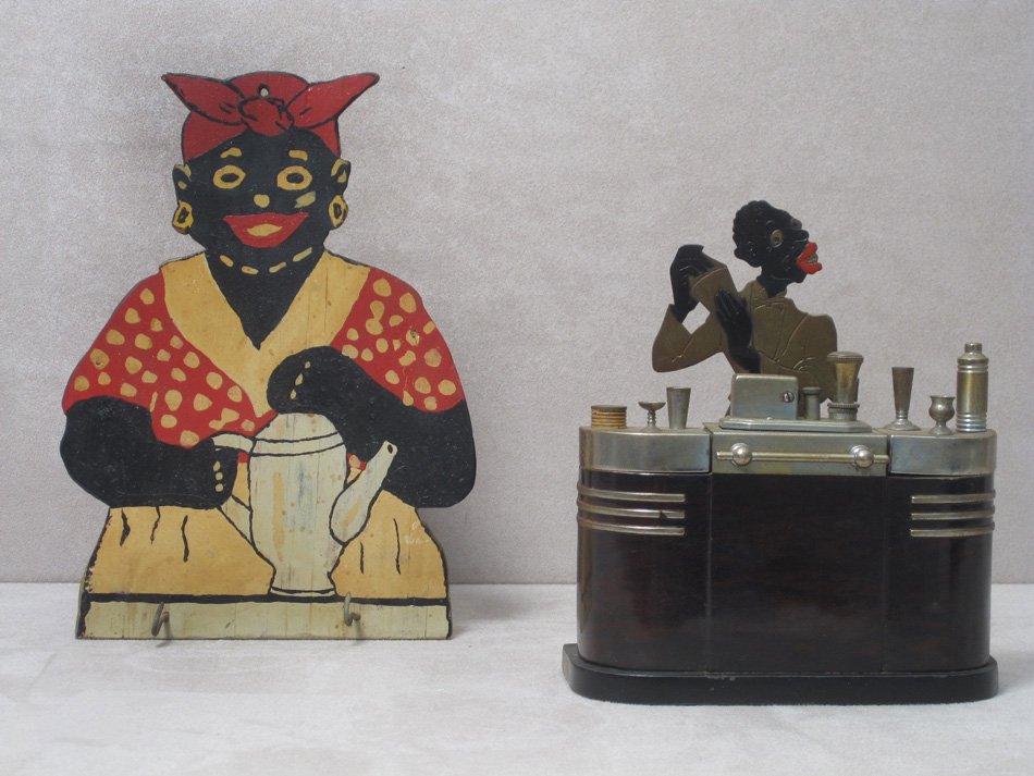 Photo of two blackface items: Key Rack and Cigarette Stand