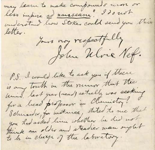 A scrawled letter signed "John Ulric Nef."