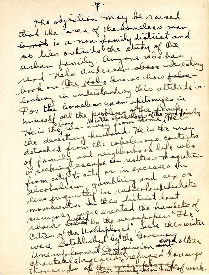 Handwritten page from a manuscript about the homeless