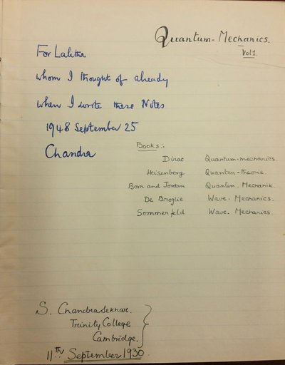 A lined page from 1930 shows a list of quantum-mechanics books, and a note at the top reading: "For Lalitha, whom I thought of already when I wrote these Notes." Dated 1948 September 25 and signed "Chandra."