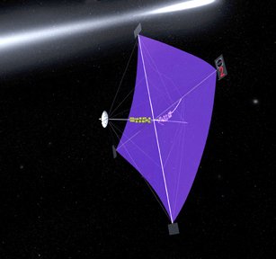 A bright purple curved sail flies in space.