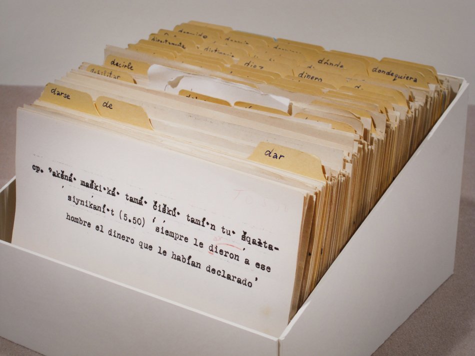 White box holding many index cards, divided into tabbed sections.