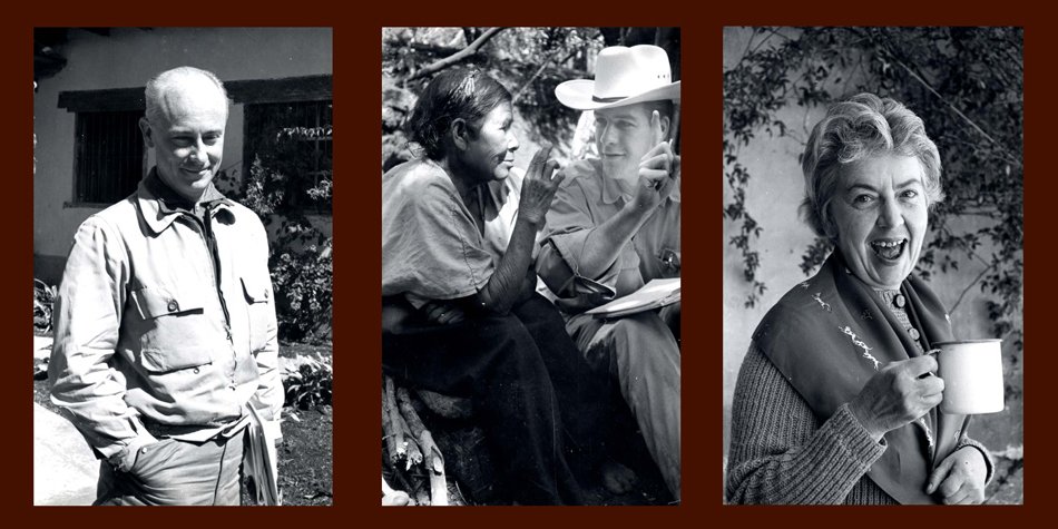 Three photos showing a man standing, a seated man speaking to a native woman, and a woman laughing while holding a coffee cup.