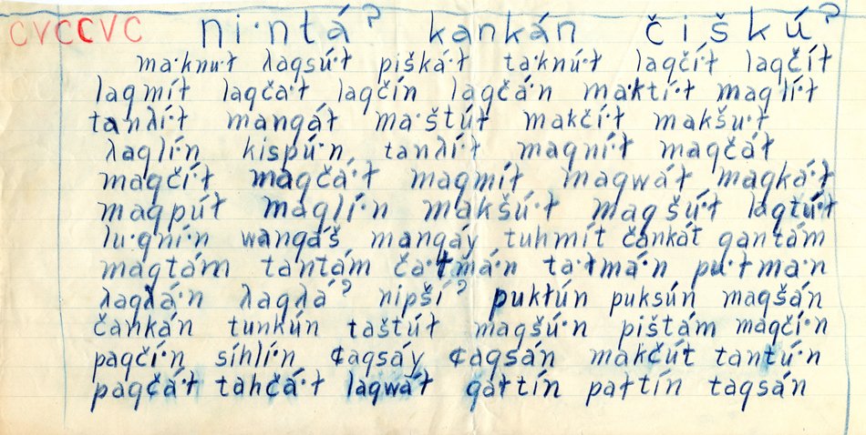 Handwritten index card with lists of Totonac words.